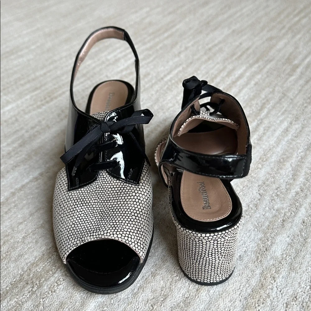 EUC Beautifeel Slingback Peep Toe Lace up Sandals Black Patent Dots EU 40 US 9.5